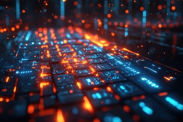 Obraz premium Digital Banking and Financial Technology in a Futuristic Workspace with Holographic Interface and Neon Lights