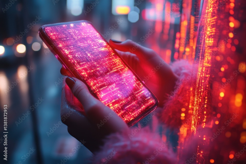 Poster digital illustration of smartphone with holographic tech icons in professional workspace for marketi