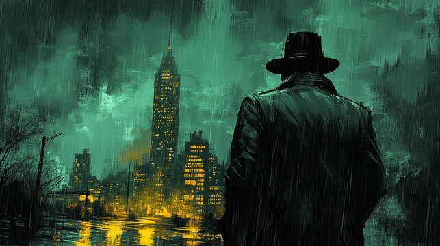 Mysterious figure in rainy urban night scene with tall skyscraper