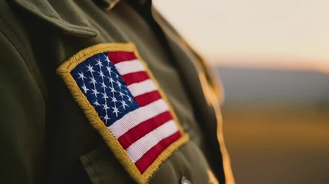 Showing American Flag Patch on Military Uniform at Sunset Close Up