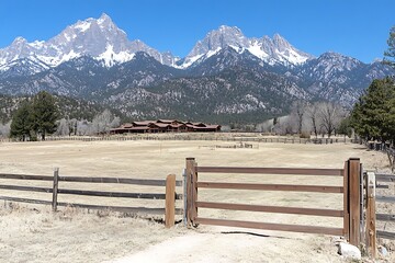 Majestic snow capped mountain range viewed with a wooden fence