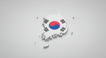 Isometric depiction of South Korea's map adorned with national flag elements