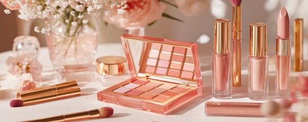 Beauty still life with cosmetic items in soft pink and gold tones,