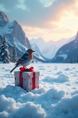 Fototapeta premium An icy landscape with a bird standing on a gift box in the middle of a snowy field, bird, snowdrift, icy landscape