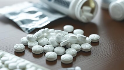 White Fentanyl Tablets Scattered Across A Wooden Table Surface, Highlighting The Serious Issues Of Opioid Addiction And Prescription Drug Misuse Affecting Individuals And Communities.