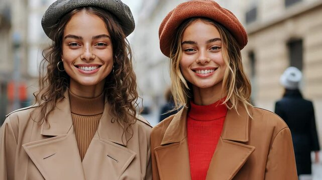 Stylish women smiling in fashionable berets and coats on vibrant city street.
