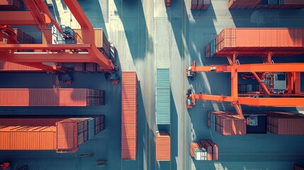Shipping container yard with cranes loading cargo flat design top view global trade theme 3D render Split-complementary color scheme.