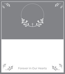 Funeral card. Empty card with grey and white background. Photo frame with leaves. 