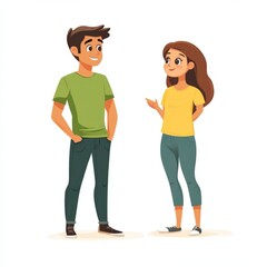 Fototapeta premium Young man in green t-shirt and jeans talking to woman in yellow t-shirt, standing together smiling. Flat illustration isolated on white background, character concept design.