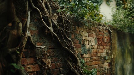 Old Brick Wall with Tree Roots and Greenery Growing Wildly