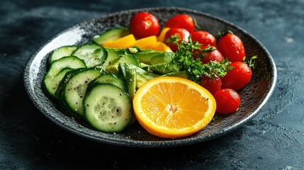 A fresh and vibrant meal with sliced cucumbers, avocados, oranges, and cherry tomatoes, plated on a stylish dish.