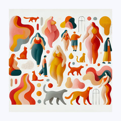 A collection of minimalist abstract illustrations depicting diverse women, children, cats, and dogs in cozy seasonal settings, engaging in gardening, cooking, and joyful everyday life.