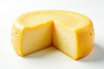 Artisan cheese wheel, creamy texture, white background, food photography, munster, provolone