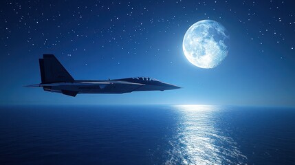 Silent Flight A Stealth Aircraft Glides Over Calm Waters Under a Full Moon Sky