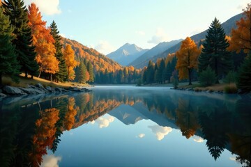 Fototapeta premium Calm lake reflecting surrounding trees, symmetrical pattern from shore, calm, photography, mirror