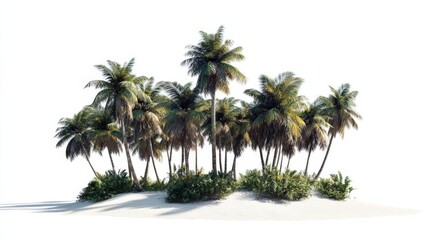 Fototapeta premium Tropical island with palm trees on a white background, hyper-realistic and intricately detailed, featuring dynamic lighting and sharp focus, in a vibrant style.