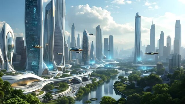 A lush solarpunk cityscape with flying cars, skybridges, and buildings covered in vegetation. A vision of harmony between nature and futuristic technology.