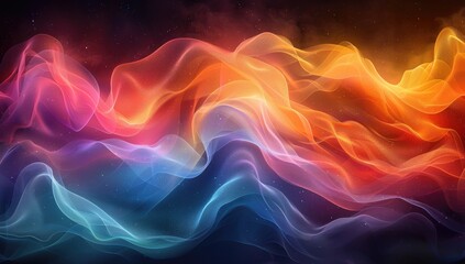 Obraz premium A background of colorful waves with dark tones, creating an abstract and mysterious atmosphere. The colors include green, orange, red, purple, blue, yellow and pink. 