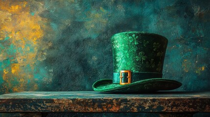 Vintage green leprechaun hat with shamrocks on rustic wooden table