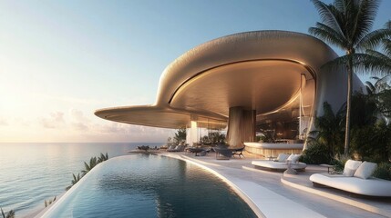 Naklejka premium A contemporary resort caf with an infinity-edge seating area facing the ocean.