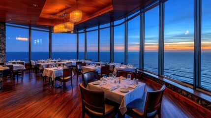 Fototapeta premium A high-ceiling restaurant with floor-to-ceiling windows overlooking the ocean.