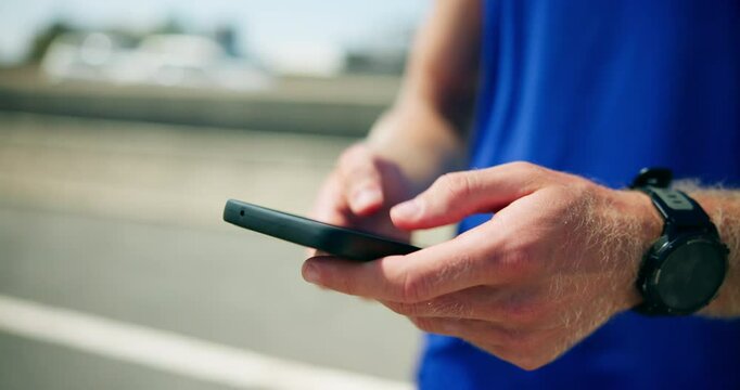 Fitness, hands and man with typing with phone outdoor for tracking workout app, running progress and speed stats. Runner, road or closeup of athlete with smartphone for online search or exercise tips