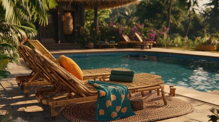 Obraz premium A luxurious poolside resort with woven sunbeds, bright towels, and tropical greenery.