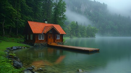Fototapeta premium Misty Lake Cabin on a Wooden Dock