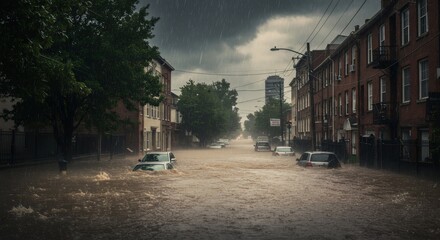 Urban flooding disaster on city street with submerged cars. Climate change impact on residential area. Environmental emergency scene with rising water levels in stormy weather