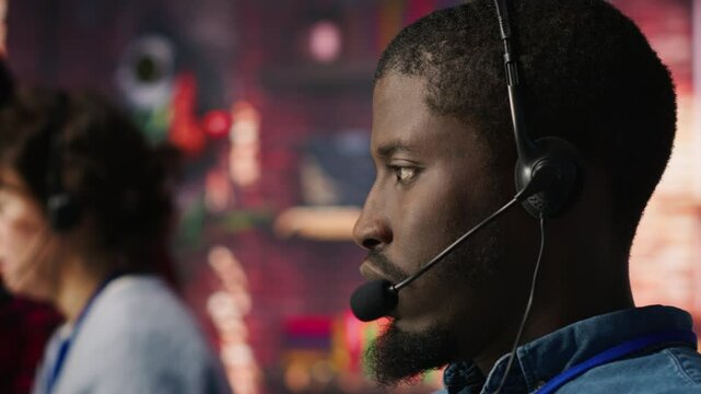 Closeup of customer support worker conversating with client in live chat, providing solutions. Call center agent assists customers through digital communication channels, answering questions
