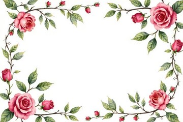 Delicate watercolor roses & leaves, swirling vine pattern, nature, roses