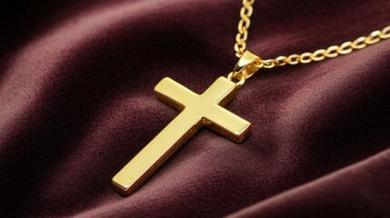 Golden cross pendant hanging from a chain, resting on a velvet background with soft focus.