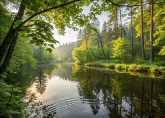 Tranquil pond reflects verdant forest in a captivating double exposure photograph.