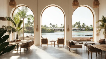 Fototapeta premium A seaside lounge with large, open archways letting in natural light and fresh air.