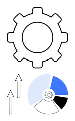 Gear icon with pie chart in blue and black segments and upward arrows symbolizing improvement, progress, and efficiency. Ideal for business, strategy, growth, data analysis, teamwork, process