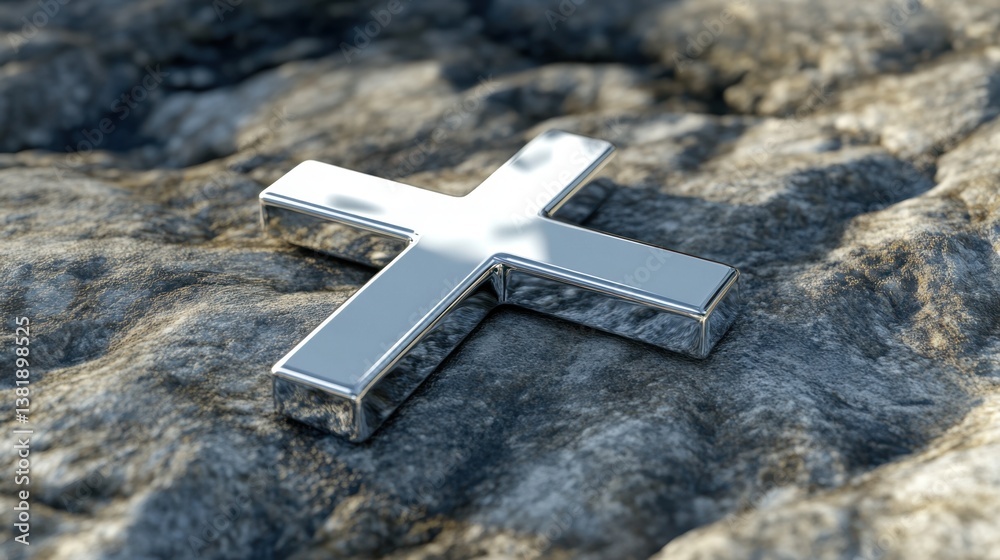 Fototapete minimalistic metallic cross with reflective surface placed on a smooth stone background.