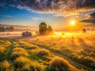 Fototapeta premium Urban exploration reveals a misty sunrise painting sunbeams across golden grasslands.