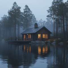 Fototapeta premium A tranquil lakeside cabin made of weathered wood surrounded by calm waters and trees