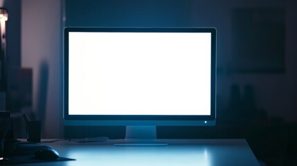 Glowing computer monitor in dark room with bright screen on desk