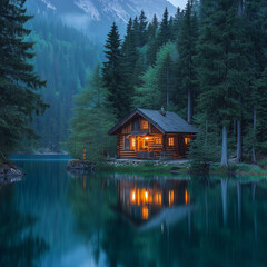 Fototapeta premium A rustic wooden shack surrounded by towering pine trees, offering a peaceful retreat in nature