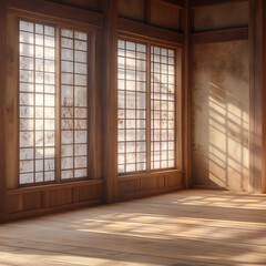 A brown wooden wall with Japanese-style window frames enhancing the traditional aesthetic