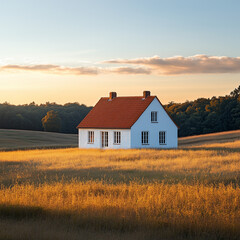 Obraz premium A bright white house with a red roof located in a peaceful countryside, ideal for a family home