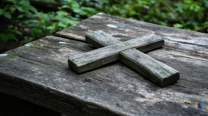 Fototapeta premium Rustic wooden cross resting on a weathered table with soft natural lighting.