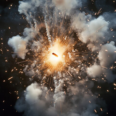 A lone firecracker explodes in the center with vivid spark and glow