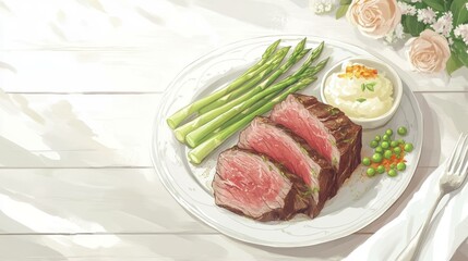 Fototapeta premium Grilled Steak Asparagus Mashed Potatoes Peas Plate Fine Dining Meal White Wooden Table Flowers
