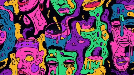 Fototapeta premium a background pattern made of thirsty dudes who just need a big drink, 90s neon ooze color scheme