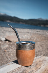 Mate with yerba mate on a beach in Patagonia. A typical hot beverage from Argentina and Uruguay.