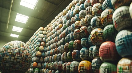 Many colorful spheres stacked together inside a large industrial building