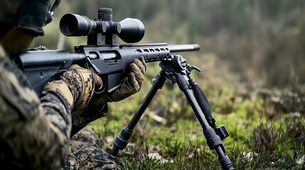 Fototapeta premium Precision shooting training forest terrain photography tactical environment close-up view military concept