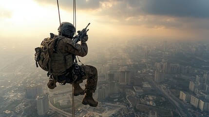 Military operative engaging in tactical descent urban skyline action photography dusk aerial perspective